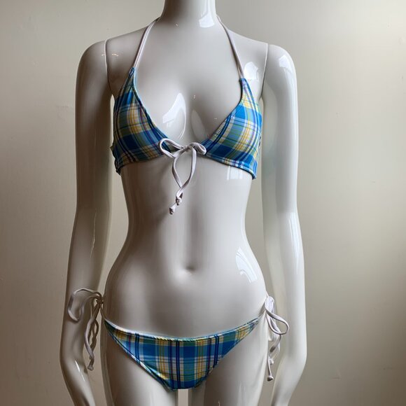 Aaron Chang blue wave reversible to plaid bikini - Picture 7 of 9